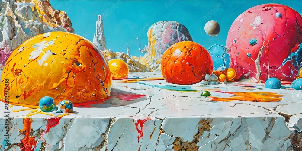 Poster a painting of a colorful planet with many different colored balls