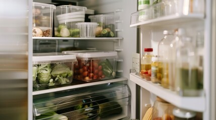 Spacious and well-organized fridge filled with fresh groceries, emphasizing a clean and healthy living approach.