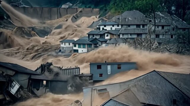 Seismic hazard aftermath: collapsing houses, broken dam, mudslide submerges streets, destruction path. Urgent danger evident.
