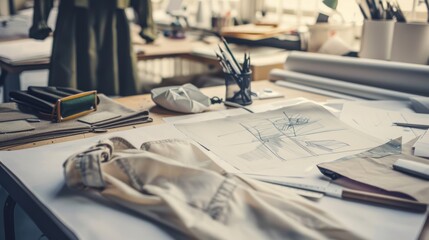 A busy architect’s desk cluttered with blueprints, rulers, and drawing tools, suggesting an ongoing complex and creative architectural project.