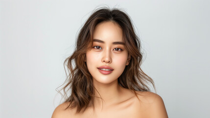 Fototapeta premium A beautiful young Chinese woman with radiant, healthy skin, styled with soft, wavy hair, posing confidently against a clean, white background.