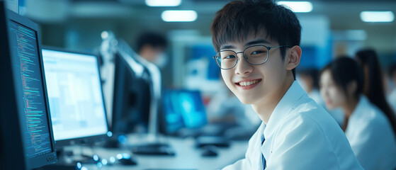 smiling male and female Chinese high school students in computer science and engineering, colorful tones, bright, hd detail, award-winning composition, film still,cinematic scene ,photorealistic, 