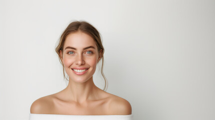 Obraz premium A lovely young Scandinavian woman with smooth, healthy skin and a bright smile, exuding natural beauty and confidence in a minimalist portrait.