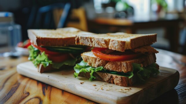 Two hearty sandwiches with lush veggies and fresh tomatoes on a wooden table, ready to devour in a homely kitchen setting.