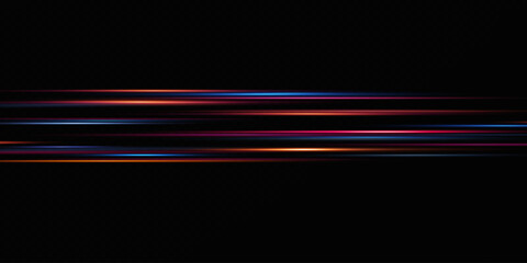 Neon lines moving light effect. Horizontal lines. Speed ​​effect on a transparent background. Lines of light, speed and movement
