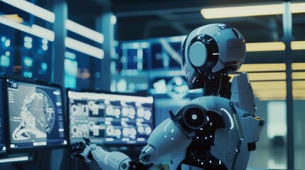 Fototapeta premium A humanoid robot interacts with advanced computer screens in a futuristic control room, symbolizing cutting-edge technology and AI integration.