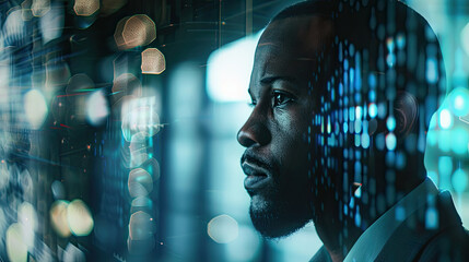 A businessman contemplates digital information while gazing out of a modern office window