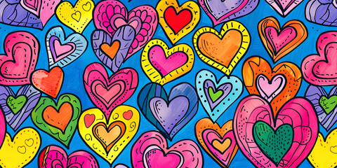 A playful and vibrant pattern featuring hand-drawn heart doodles in a variety of bright colors