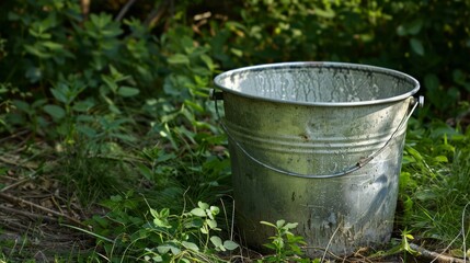 Fototapeta premium A weathered metal bucket sits partially shadowed in overgrown greenery, evoking a sense of rustic simplicity and quietness.