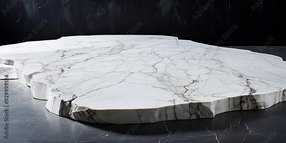 Poster a large white marble slab with a jagged edge sits on a grey surface