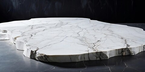 A large white marble slab with a jagged edge sits on a grey surface