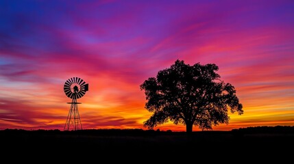Colorful sunset sky over a windmill and tree in the prairie.