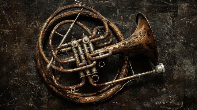 A forgotten, rusted French horn lies on a dark, weathered surface, evoking themes of nostalgia, time passage, and the beauty of decay.