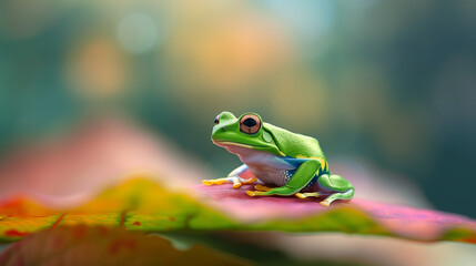 A frog perched on a large colorful fallen leaf in an autumn forest, surrounded by the warm hues of fall.