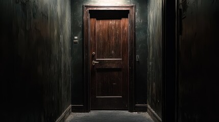 Obraz premium A dark hallway with a door at the end