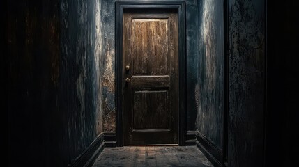 A dark hallway with a door at the end
