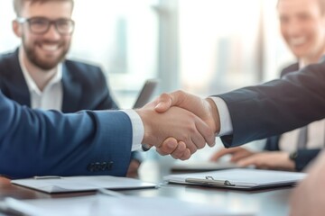 Fototapeta premium Businessmen shaking hands in the office with blurred background, close-up of handshake and smiling people at a table.