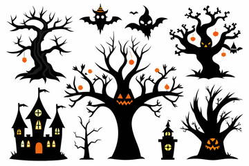 haunted trees silhouette collection of Halloween vector illustrations on white background. scary plant element