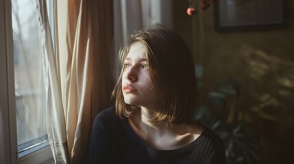 A contemplative woman gazes out of a window, bathed in soft sunlight, her expression reflective and serene.