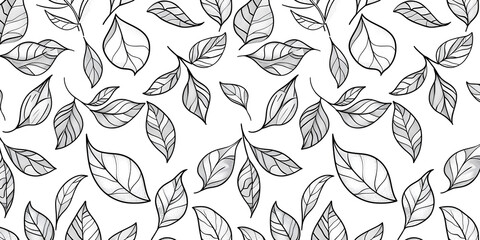 A detailed monochrome pattern featuring various leaf shapes in a hand-drawn