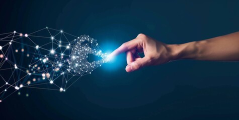 Hand touching artificial intelligence finger with digital connections and data on a dark blue background, symbolizing technology integration in business.