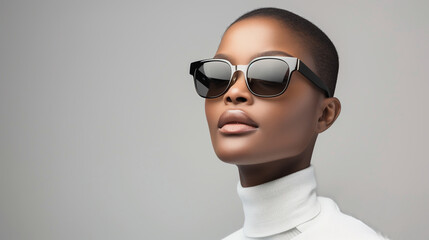 A fashionable woman wearing black square sunglasses, showcasing a high-contrast look with a white turtleneck, exuding modern sophistication.