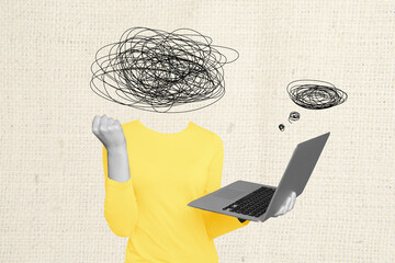 Collage artwork of funny unusual weird no face person hand hold modern device isolated on creative...