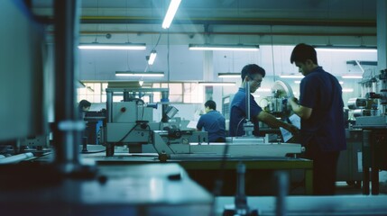 Fototapeta premium People working diligently in a brightly lit factory, surrounded by machinery and equipment, highlighting industrial labor.