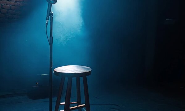 microphone and wooden stool on a stand up comedy stage with reflectors ray