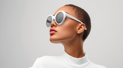 Sleek white round sunglasses on a sophisticated model, accentuating modern fashion and elegance, perfect for a stylish urban look.