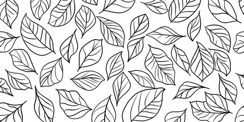 A detailed monochrome pattern featuring various leaf shapes in a hand-drawn style