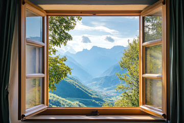 open window showing mountainous view