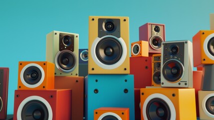 A stack of colorful, vintage-style speakers artistically arranged against a bright blue background, depicting a playful blend of retro vibes and modern aesthetic.