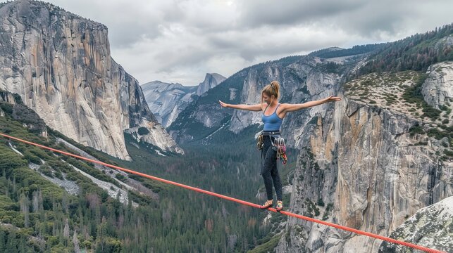 A woman elegantly walks across a tightrope suspended between cliffs, showcasing incredible balance against a stunning natural backdrop - Powered by Adobe