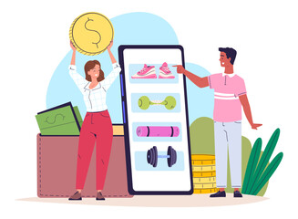 Sport store online. Fitness internet store in smartphone mobile app, ecommerce customer or assistant choosing goods footwear gym equipment, phone bueyer vector illustration