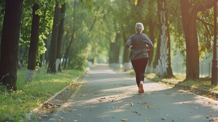 Fototapeta premium A solitary jogger makes their way along a tranquil, tree-lined path, embraced by the early morning sunlight and peaceful surroundings.