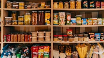 Neatly arranged pantry shelves stocked with a variety of food items, showcasing abundance, organization, and the coziness of a well-kept kitchen.