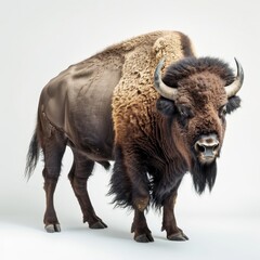 Majestic bison standing against a white background, showcasing its powerful build and thick fur, perfect for wildlife and nature themes.