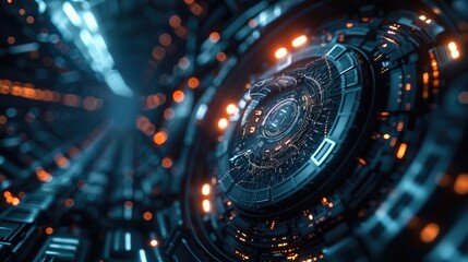 Abstract futuristic design with minimalist sci-fi mechanical elements, clean lines and geometric shapes, ethereal atmosphere, high-tech machinery with simple forms. Generative AI.