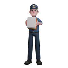 3D Male Police Officer. A police officer is holding several documents or files in his hands with a serious expression. Law Enforcement Cartoon