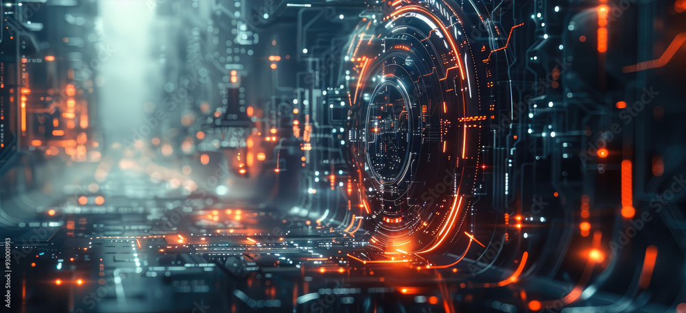 Aufkleber Abstract futuristic design with minimalist sci-fi mechanical elements, clean lines and geometric shapes, ethereal atmosphere, high-tech machinery with simple forms. Generative AI.