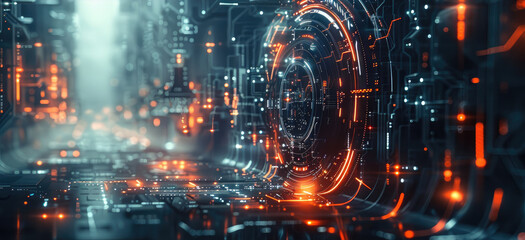 Abstract futuristic design with minimalist sci-fi mechanical elements, clean lines and geometric shapes, ethereal atmosphere, high-tech machinery with simple forms. Generative AI.