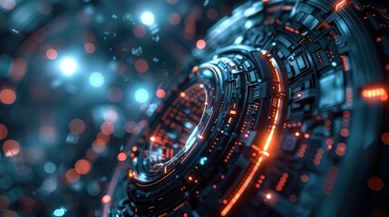 Abstract futuristic design with minimalist sci-fi mechanical elements, clean lines and geometric shapes, ethereal atmosphere, high-tech machinery with simple forms. Generative AI.