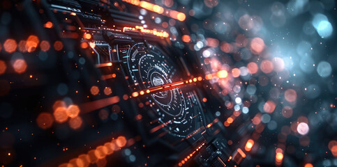 Abstract futuristic design with minimalist sci-fi mechanical elements, clean lines and geometric shapes, ethereal atmosphere, high-tech machinery with simple forms. Generative AI.