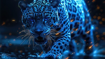 The blue jaguar growls with lightning and jumps forward smoothly on a black background. Lightning bolts are moving away from the jaguar. Generative AI.