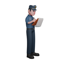 Male Police in 3D. A police officer is taking notes on a document he is holding. Crime Prevention Illustration