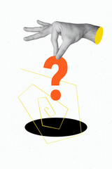Vertical creative image collage human 3d hand body fragment question mark spiral abyss hole dilemma...