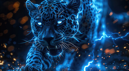The blue jaguar growls with lightning and jumps forward smoothly on a black background. Lightning bolts are moving away from the jaguar. Generative AI.