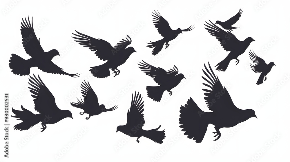 Poster Silhouettes of flying pigeons on white background. Vector illustration.