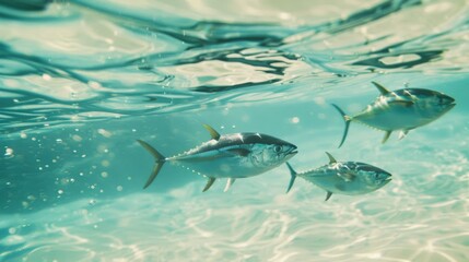 Fototapeta premium Three vibrant tuna fish swim in unison in a sunlit underwater world, showcasing the harmony and beauty of marine life.
